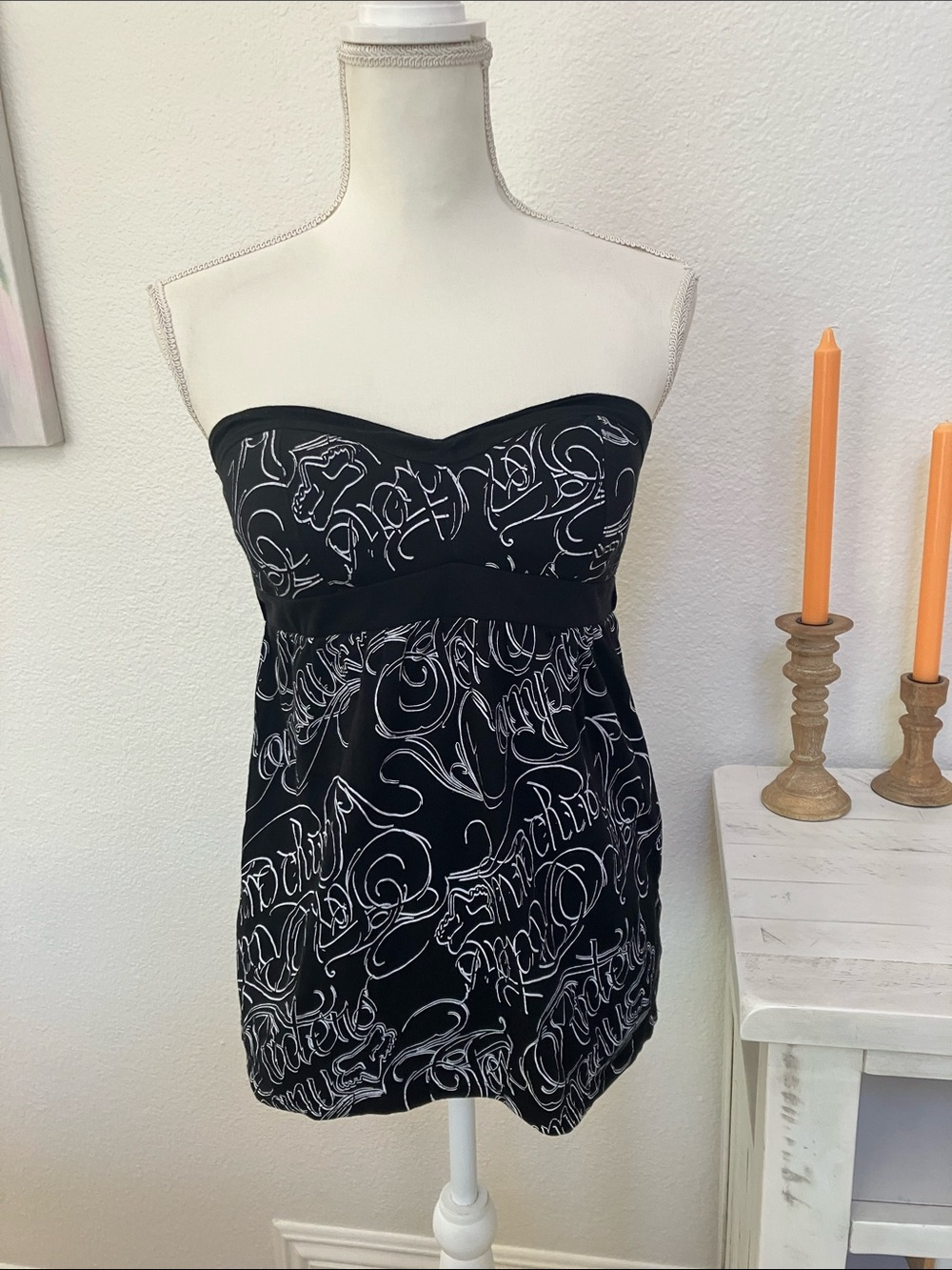 Y2k RARE FIND Fox Black Strapless Script-Print babydoll Top